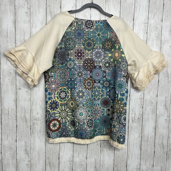 Misslook Plus Size Short Sleeve Geometric Fringe Flowy High Neck Blouse 3XL - Picture 2 of 9